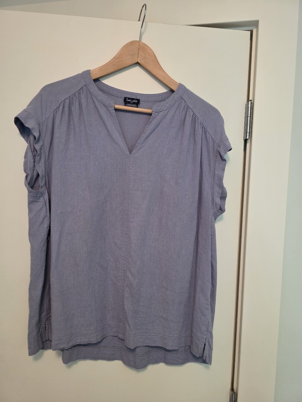 Splendid Dusty Blue Split-Neck Short Sleeve Linen Blouse